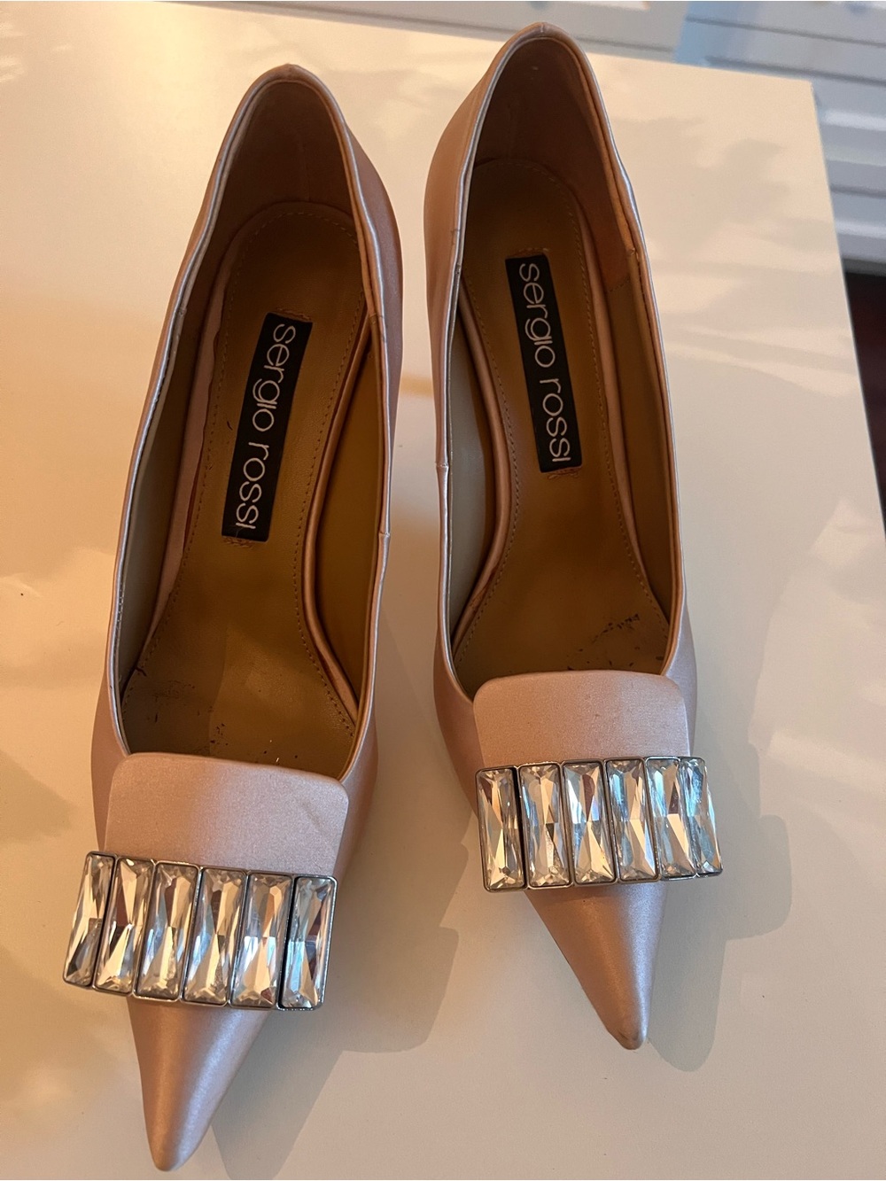 Sergio Rossi Nude/Pink Satin Pointed Toe Pumps with Crystal Bar